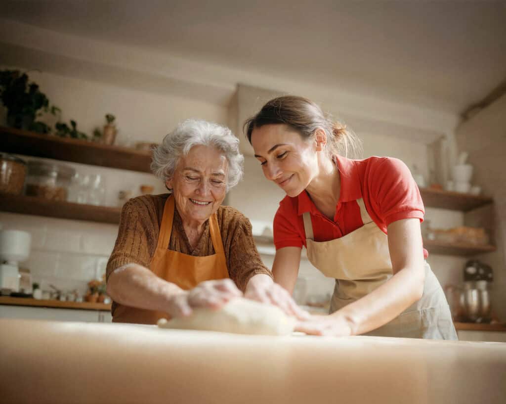Live in Caregiver helps woman bake bread