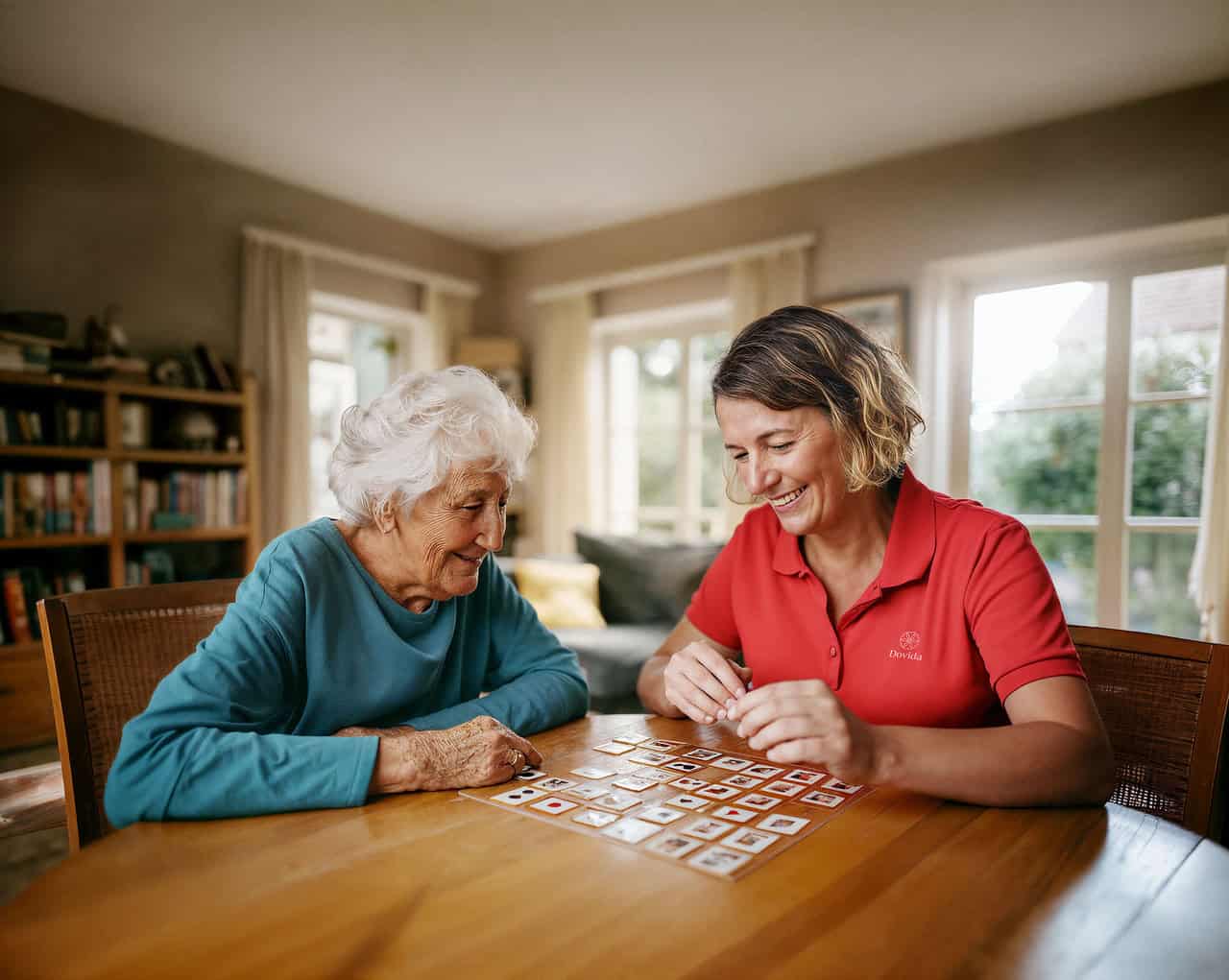 Woman living with dementia plays game with caregiver