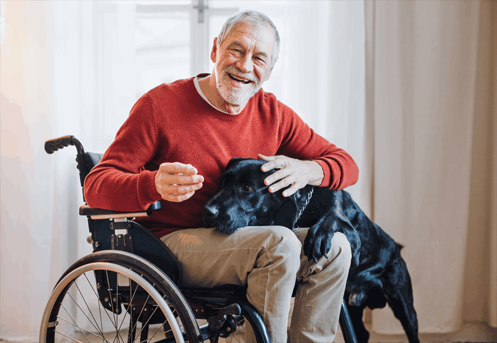 Man smiles in wheelchair with dog on lap