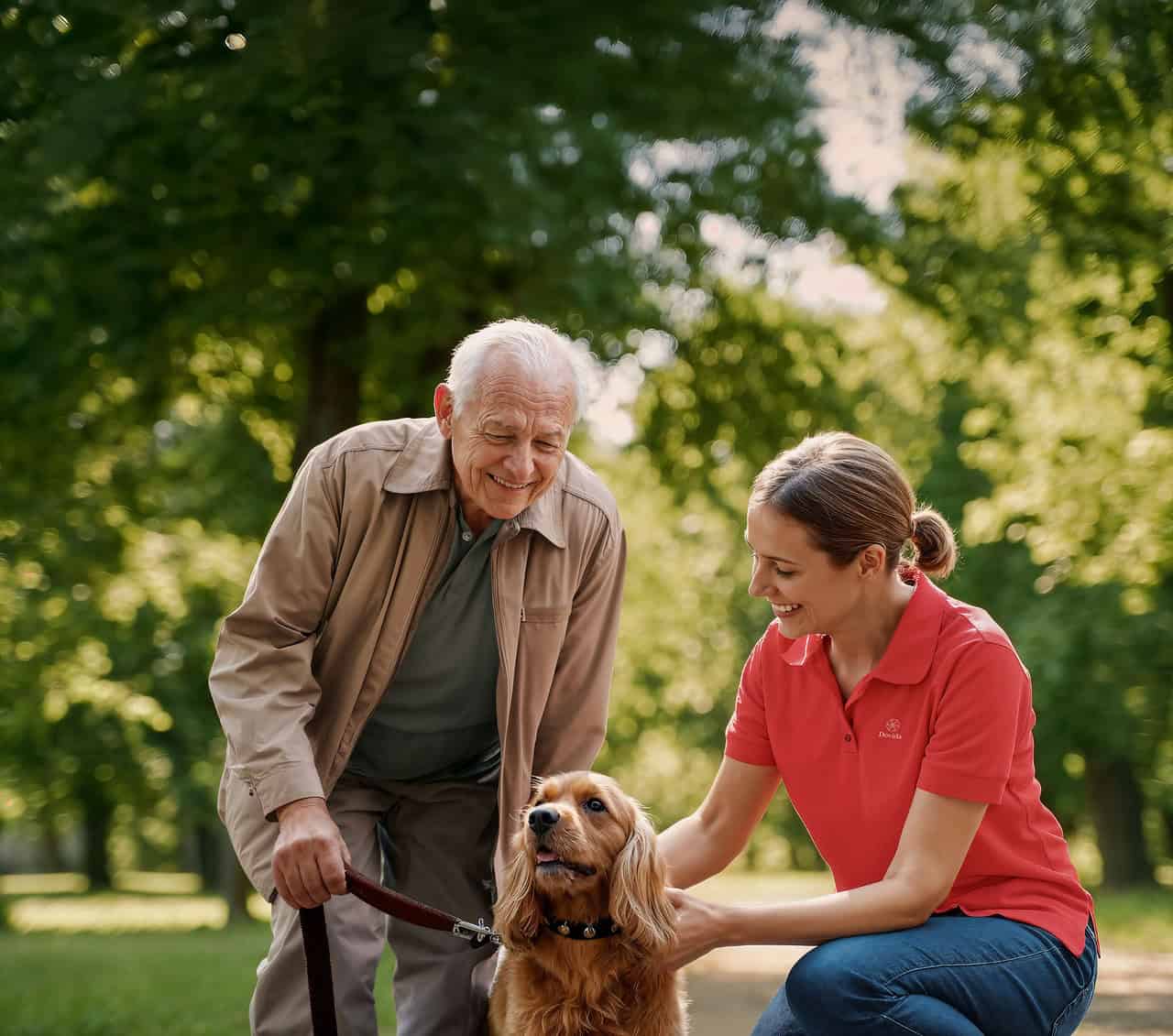 Carer takes client for walk in park with dog