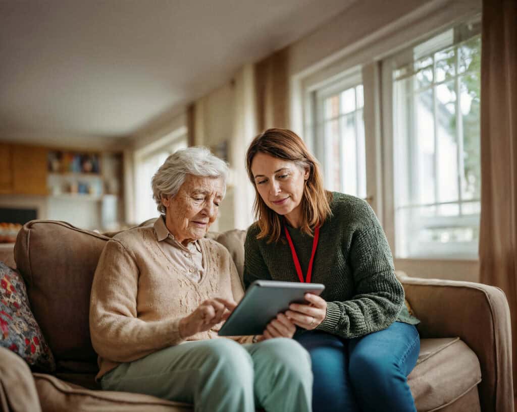 Elderly woman reads information online