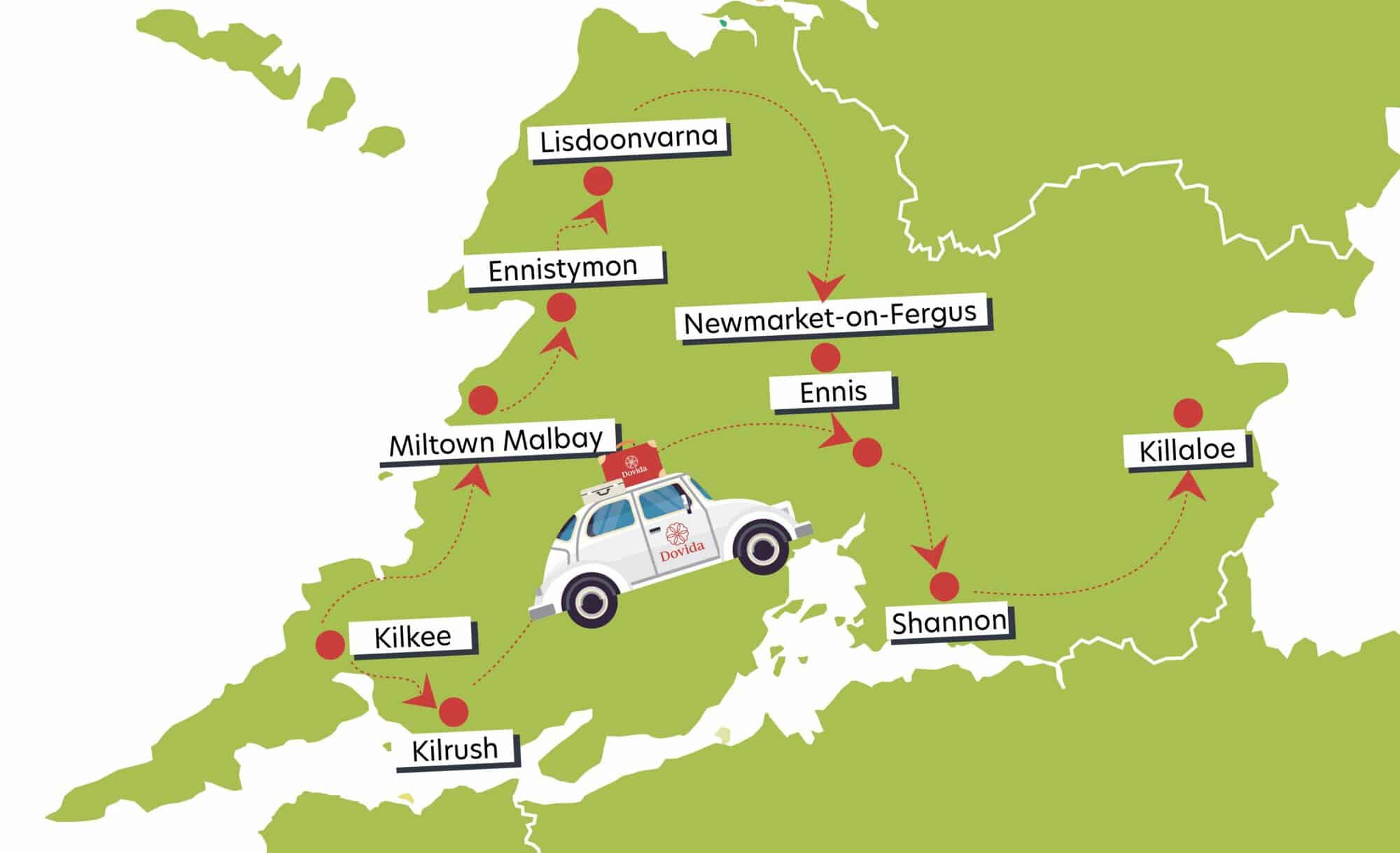 A map displaying the locations for Dovida Clare's Recruitment Roadshow